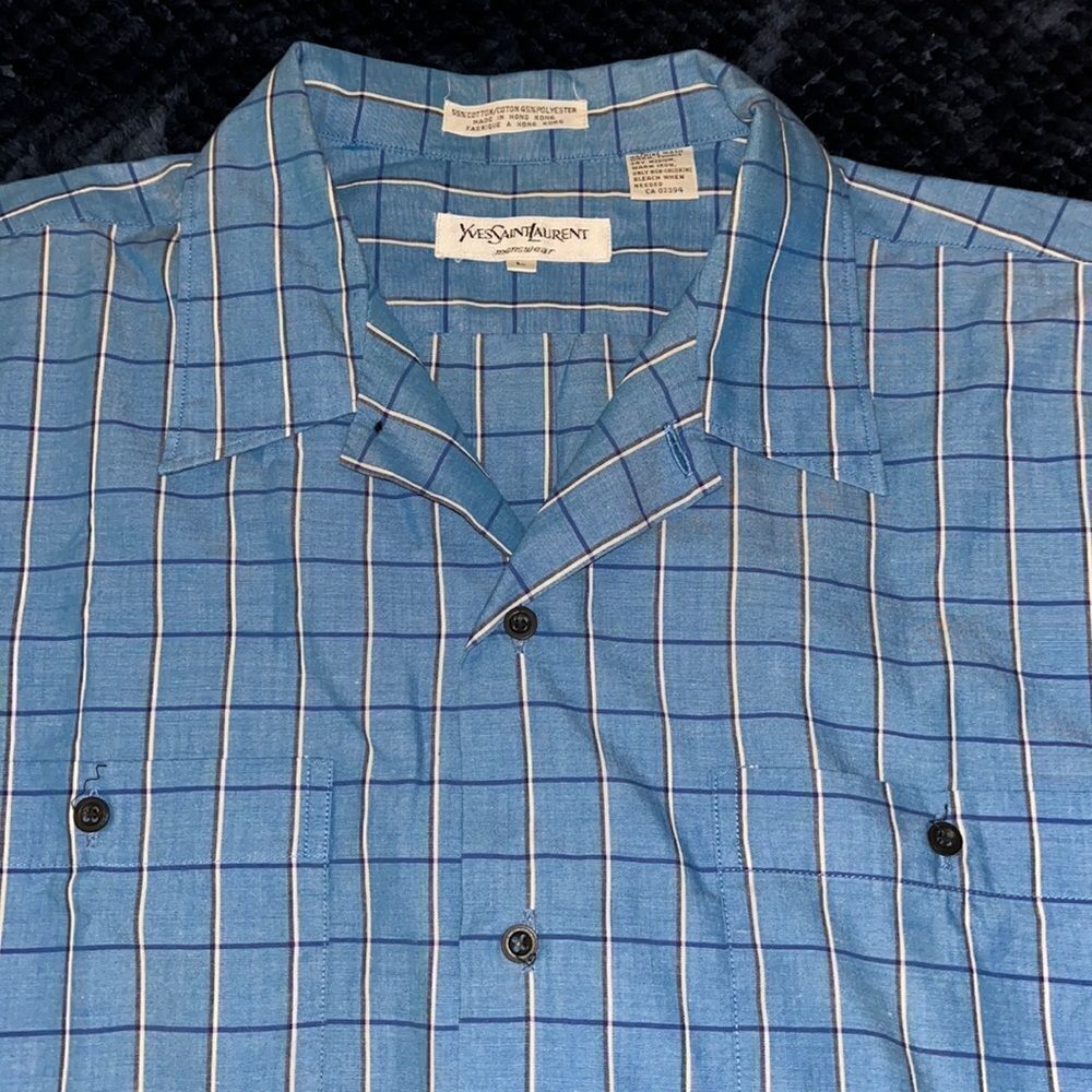 Men’s Vintage blue plaid Yves Saint Laurent double chest Button Down retro Shirt